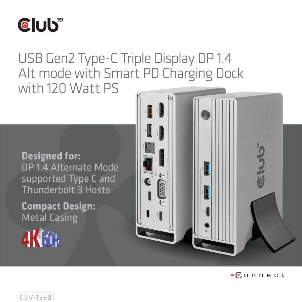 Club3D USB-C,  Triple Display DP Alt mode Displaylink Dynamic PD Charging Dock so 120 W PS1 