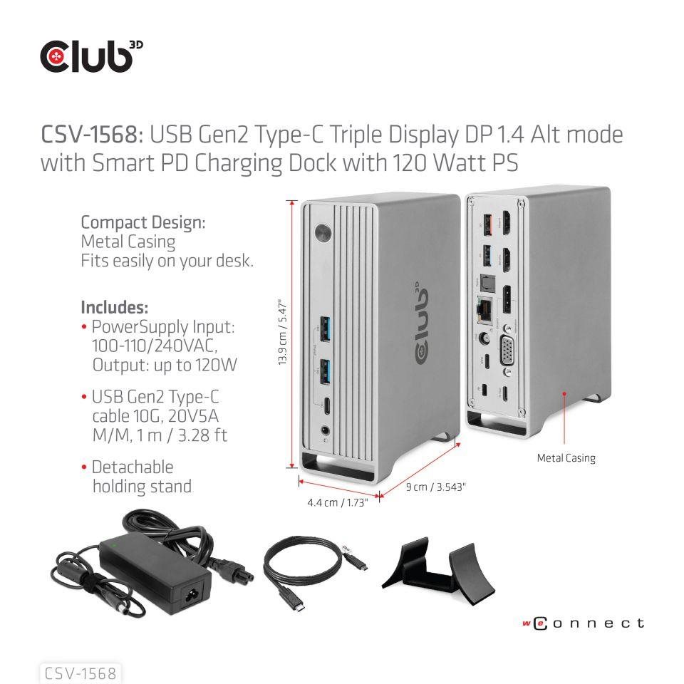 Club3D USB-C, Triple Display DP Alt mode Displaylink Dynamic PD Charging Dock so 120 W PS2 
