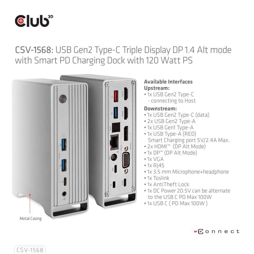 Club3D USB-C, Triple Display DP Alt mode Displaylink Dynamic PD Charging Dock so 120 W PS6 