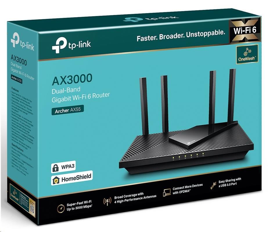 TP-Link Archer AX55 OneMesh/ EasyMesh WiFi6 router (AX3000,  2, 4GHz/ 5GHz,  4xGbELAN,  1xGbEWAN,  1xUSB3.0)4 