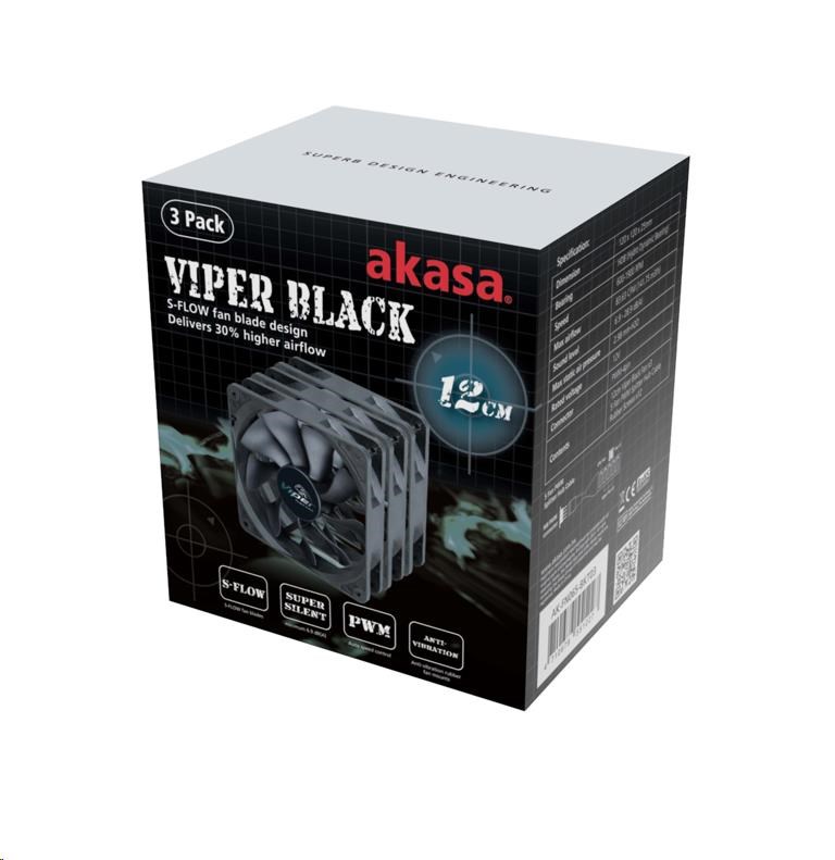 AKASA ventilátor Viper,  čierny ventilátor 12cm,  120x120x25mm,  HDB,  4 pin PWM,  3ks v balení2 