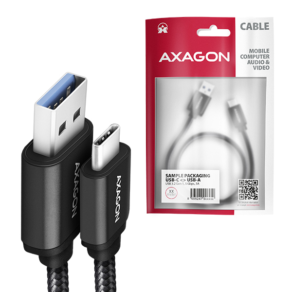 AXAGON BUCM3-AM20AB,  SPEED kábel USB-C <->USB-A,  2 m,  USB 3</ ->.2 Gen 1,  3A,  ALU,  opletenie,  čierna2 