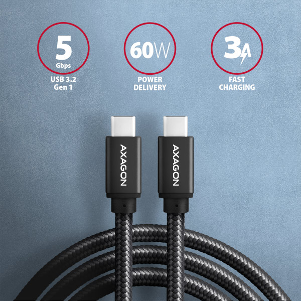 AXAGON BUCM3-CM10AB,  SPEED kábel USB-C <->USB-C,  1 m,  USB 3</ ->.2 Gen 1,  PD 60W 3A,  ALU,  opletenie,  čierna0 