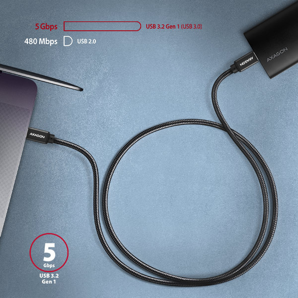 AXAGON BUCM3-CM10AB,  SPEED kábel USB-C <->USB-C,  1 m,  USB 3</ ->.2 Gen 1,  PD 60W 3A,  ALU,  opletenie,  čierna2 