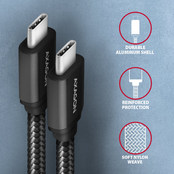 AXAGON BUCM3-CM20AB,  SPEED kábel USB-C <->USB-C,  2 m,  USB 3</ ->.2 Gen 1,  PD 60W 3A,  ALU,  opletenie,  čierna2 