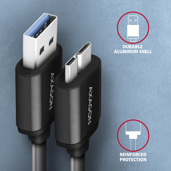 AXAGON BUMM3-AM10AB,  SPEED kábel Micro-B USB <->USB-A,  1 m,  USB 3</ ->.2 Gen 1,  3A,  ALU,  tpe,  čierna2 