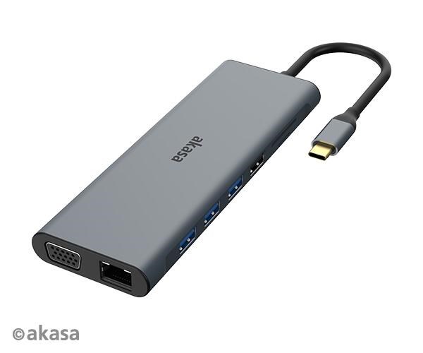 Dokovacia stanica AKASA USB-C 14v1, USB-C (napájanie+dáta), USB 2.0, 2xHDMI, VGA, RJ45, USB 3.2, čítačka kariet, 3,5 mm0 