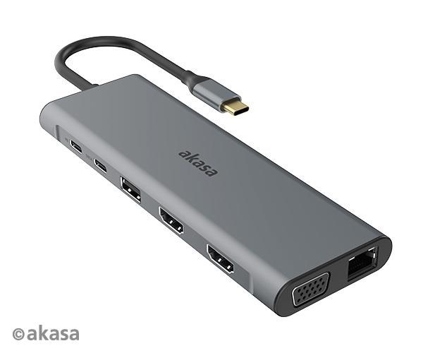 Dokovacia stanica AKASA USB-C 14v1, USB-C (napájanie+dáta), USB 2.0, 2xHDMI, VGA, RJ45, USB 3.2, čítačka kariet, 3,5 mm1 