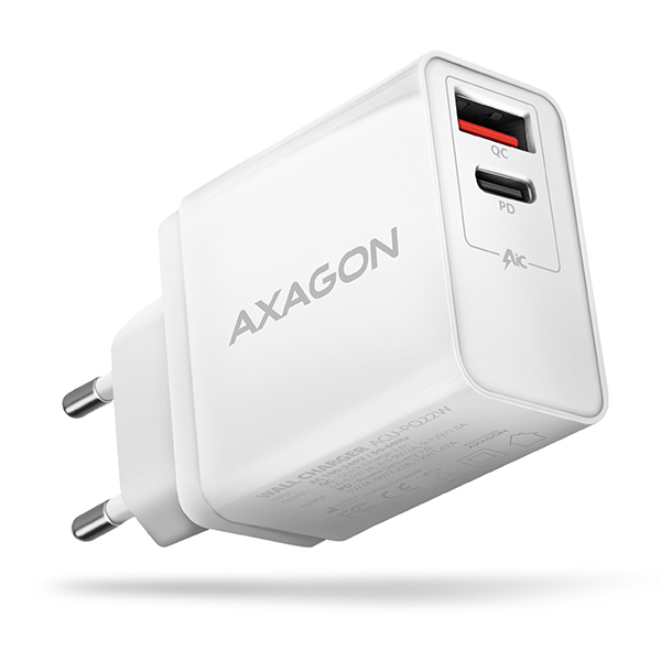 AXAGON ACU-PQ22W,  sieťová nabíjačka PD & QC 22 W,  2x port (USB-A + USB-C),  PD3.0/ QC3.0/ AFC/ FCP/ Apple,  biela1 