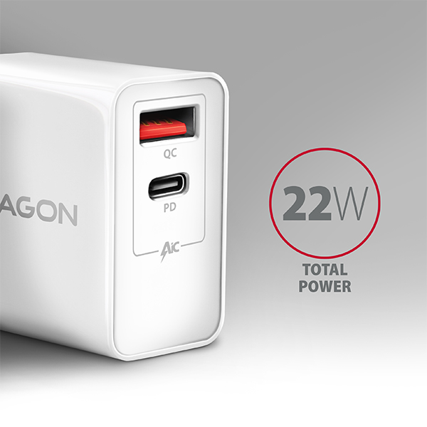 AXAGON ACU-PQ22W,  sieťová nabíjačka PD & QC 22 W,  2x port (USB-A + USB-C),  PD3.0/ QC3.0/ AFC/ FCP/ Apple,  biela3 