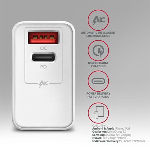 AXAGON ACU-PQ22W,  sieťová nabíjačka PD & QC 22 W,  2x port (USB-A + USB-C),  PD3.0/ QC3.0/ AFC/ FCP/ Apple,  biela2 