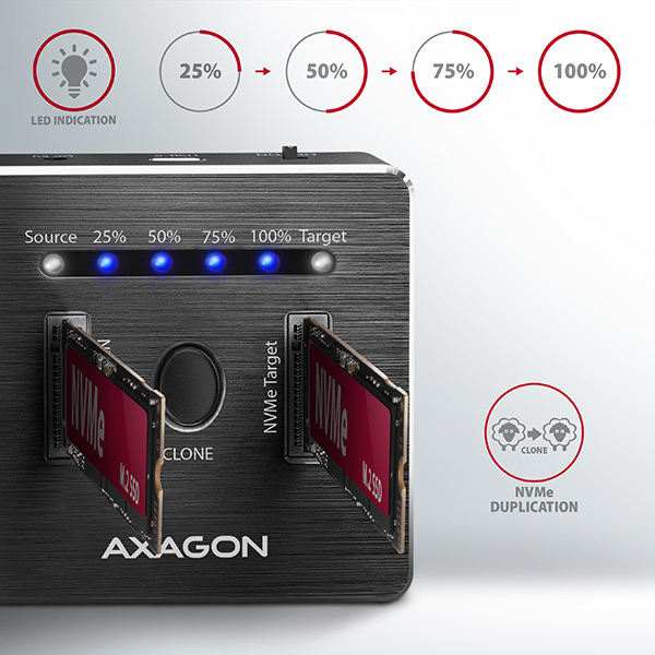 AXAGON ADSA-M2C, USB-C 3.2 Gen 2 - 2x M.2 dokovacie stanice NVMe SSD CLONE MASTER0 