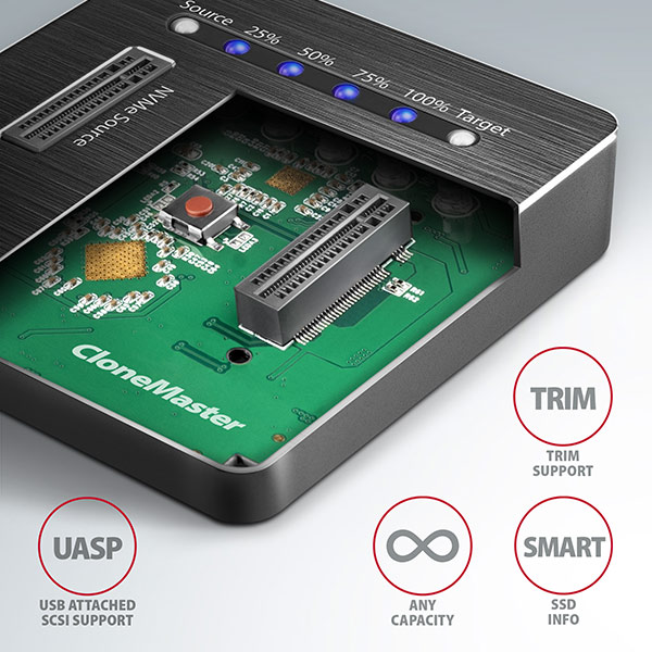 AXAGON ADSA-M2C, USB-C 3.2 Gen 2 - 2x M.2 dokovacie stanice NVMe SSD CLONE MASTER5 