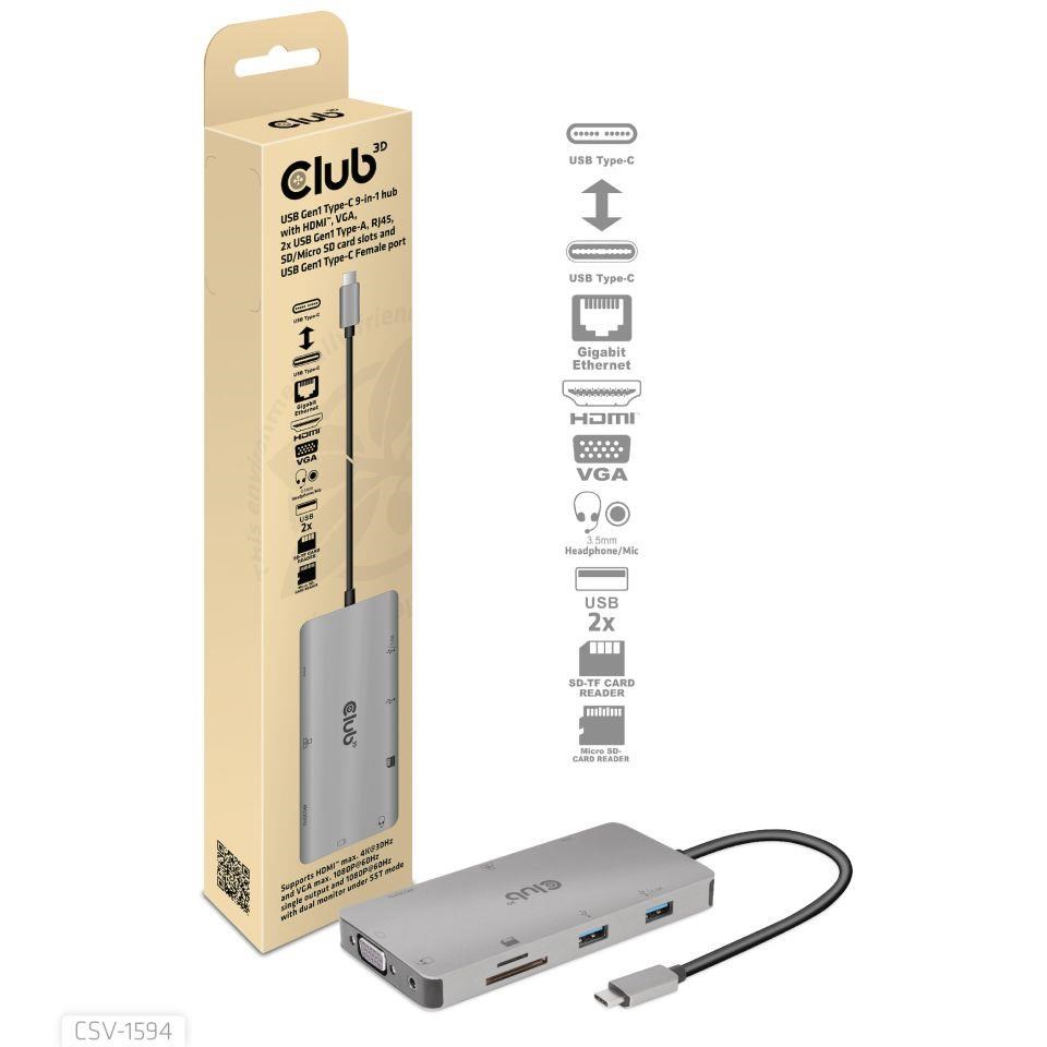 Club3D hub USB-C,  rozbočovač 9 v 1 s HDMI,  VGA,  2x USB Gen1 Type-A,  RJ450 