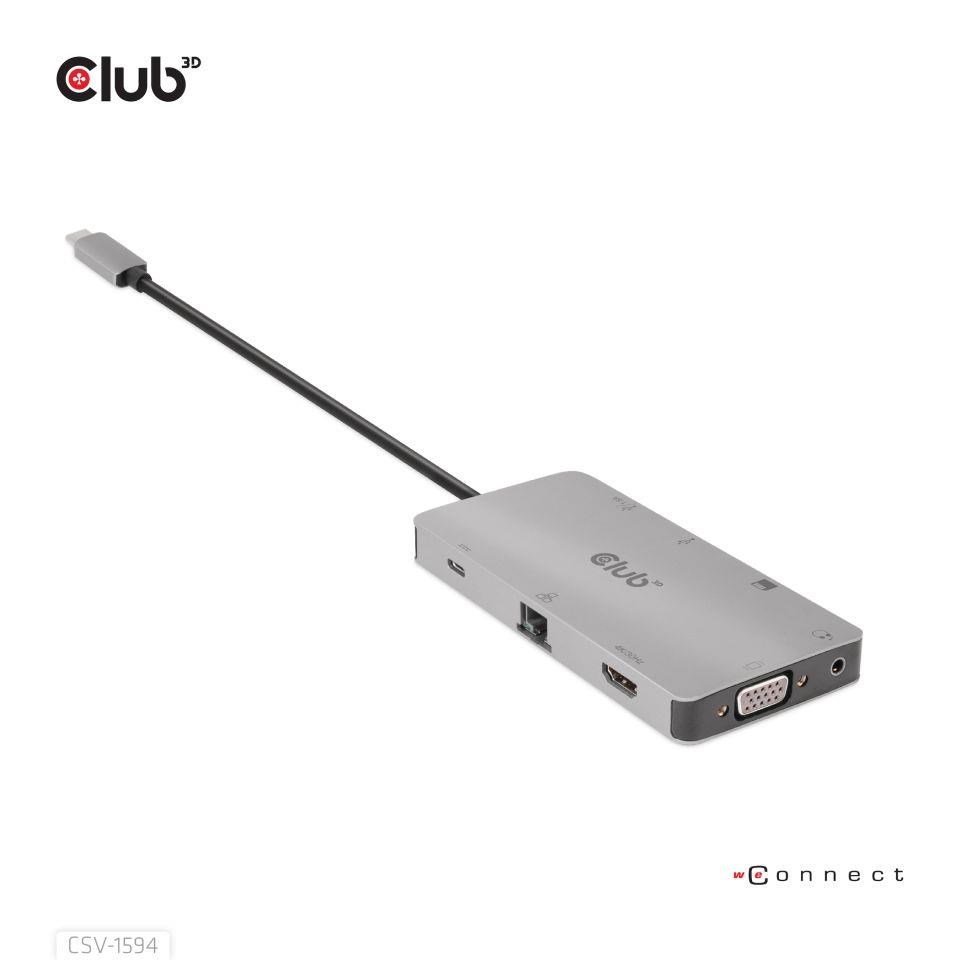 Club3D hub USB-C,  rozbočovač 9 v 1 s HDMI,  VGA,  2x USB Gen1 Type-A,  RJ459 