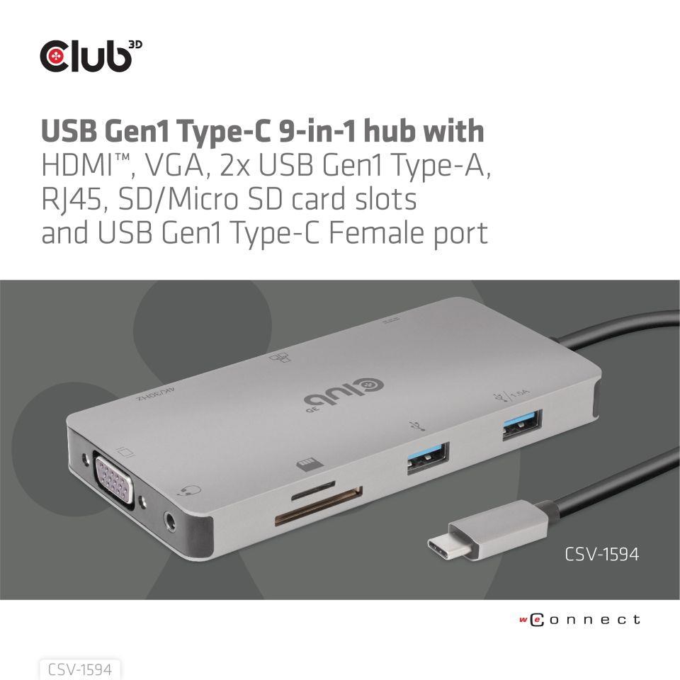 Club3D hub USB-C,  rozbočovač 9 v 1 s HDMI,  VGA,  2x USB Gen1 Type-A,  RJ451 