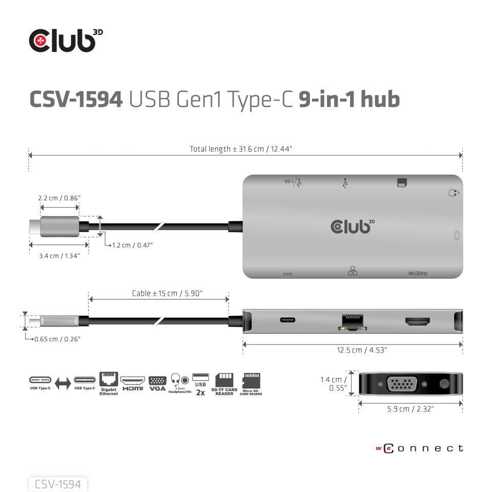 Club3D hub USB-C,  rozbočovač 9 v 1 s HDMI,  VGA,  2x USB Gen1 Type-A,  RJ454 