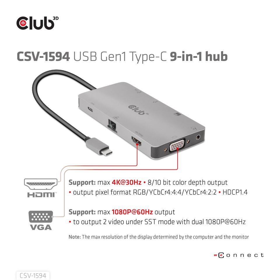 Club3D hub USB-C,  rozbočovač 9 v 1 s HDMI,  VGA,  2x USB Gen1 Type-A,  RJ455 