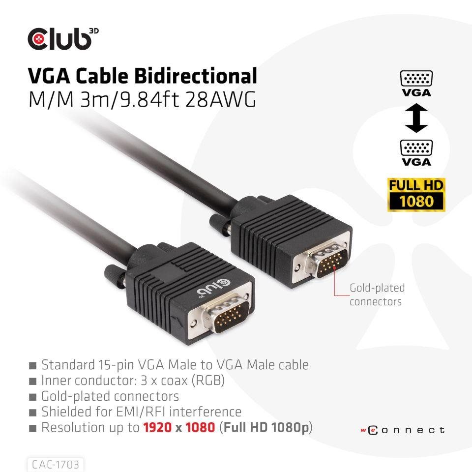 Club3D kabel oboustranný VGA,  M/ M,  28AWG,  3m8 