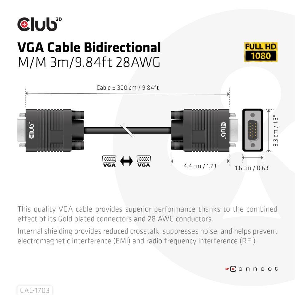 Club3D kabel oboustranný VGA,  M/ M,  28AWG,  3m2 