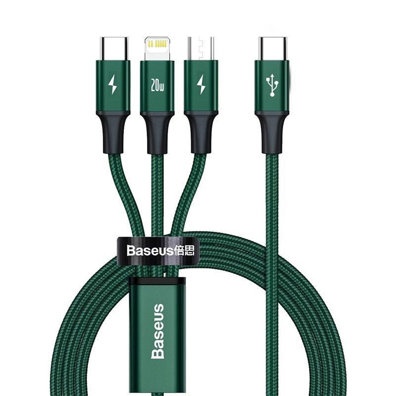 Baseus Rapid Series Nabíjací / dátový kábel 3v1 Type-C/ (Micro USB + Lightning PD 20W + USB-C) 1.5 m zelená0 
