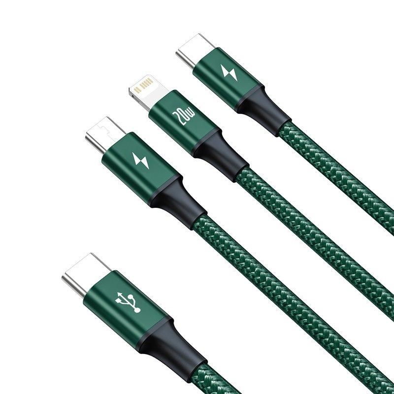 Baseus Rapid Series Nabíjací / dátový kábel 3v1 Type-C/ (Micro USB + Lightning PD 20W + USB-C) 1.5 m zelená1 