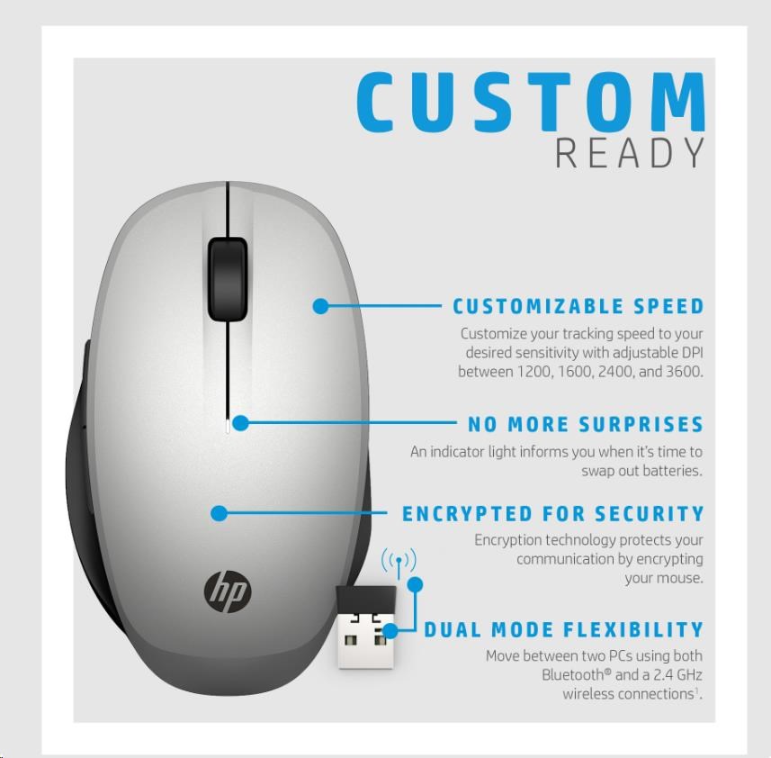 Myš HP Dual Mode Silver Mouse 300 - myš bluetooth,  pripojenie k dvom počítačom súčasne6 