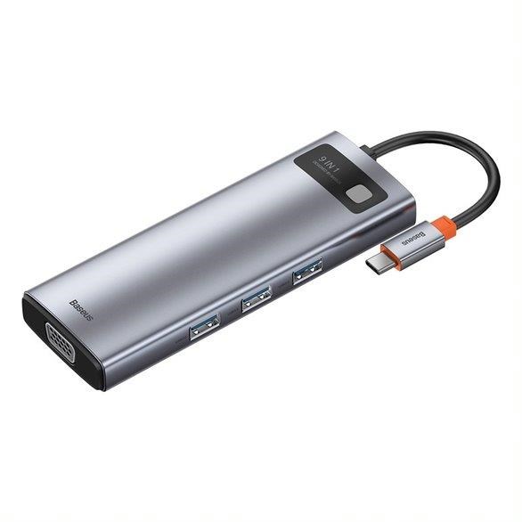 Baseus Metal Gleam Series 9v1 HUB Type-C (USB-C PD 100W, 3* USB 3.0, HDMI, VGA, RJ45, SD/TF port), sivá4 