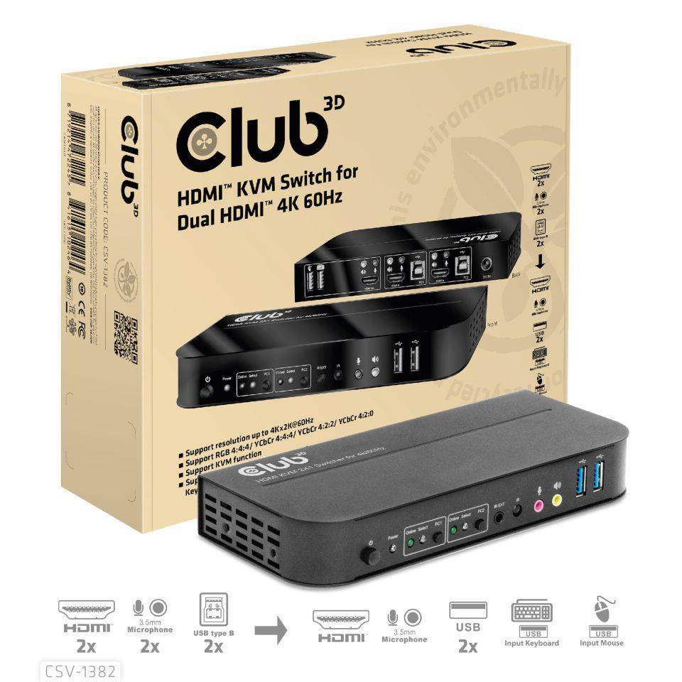 Sieťový prepínač Club3D - Prepínač,  HDMI KVM prepínač - Dual HDMI 4K 60Hz0 