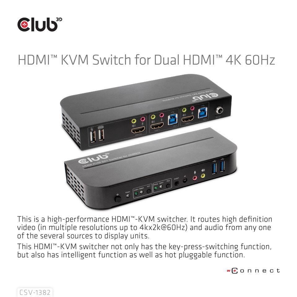 Sieťový prepínač Club3D - Prepínač,  HDMI KVM prepínač - Dual HDMI 4K 60Hz2 