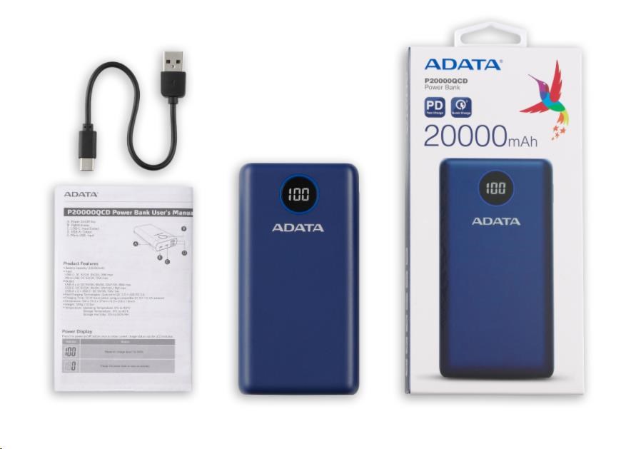 ADATA PowerBank P20000QCD - externá batéria pre mobilný telefón/ tablet 20000mAh,  2, 1A,  modrá (74Wh)4 