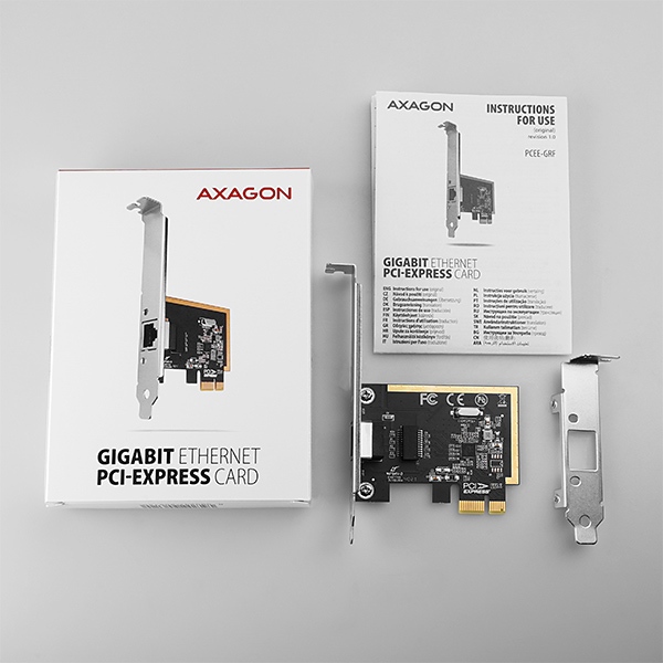 AXAGON PCEE-GRF,  sieťová karta PCIe - 1x Gigabit Ethernet port (RJ-45),  Realtek,  vrátane. LP2 