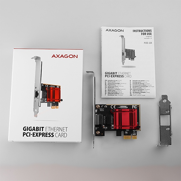 AXAGON PCEE-GIX,  sieťová karta PCIe - 1x Gigabit Ethernet port (RJ-45),  Intel i210AT,  PXE,  vrátane. LP2 