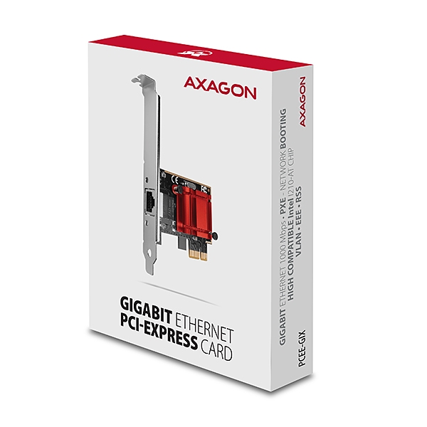 AXAGON PCEE-GIX,  sieťová karta PCIe - 1x Gigabit Ethernet port (RJ-45),  Intel i210AT,  PXE,  vrátane. LP5 