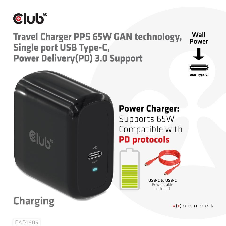 Cestovná nabíjačka Club3D PPS 65W technológia GAN,  USB Type-C,  Power Delivery(PD) 3.0 Podpora3 
