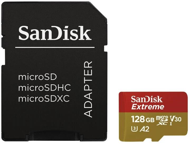 Karta SanDisk micro SDXC 128 GB Extreme Action Cams and Drones (190 MB/ s Class 10,  UHS-I U3 V30) + adaptér2 