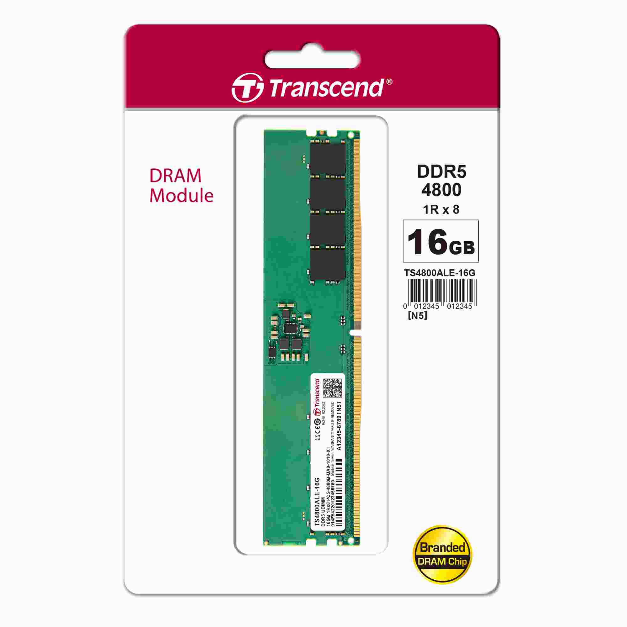 DDR5 DIMM 16GB 4800MHz TRANSCEND 1Rx8 2Gx8 CL40 1.1V1 