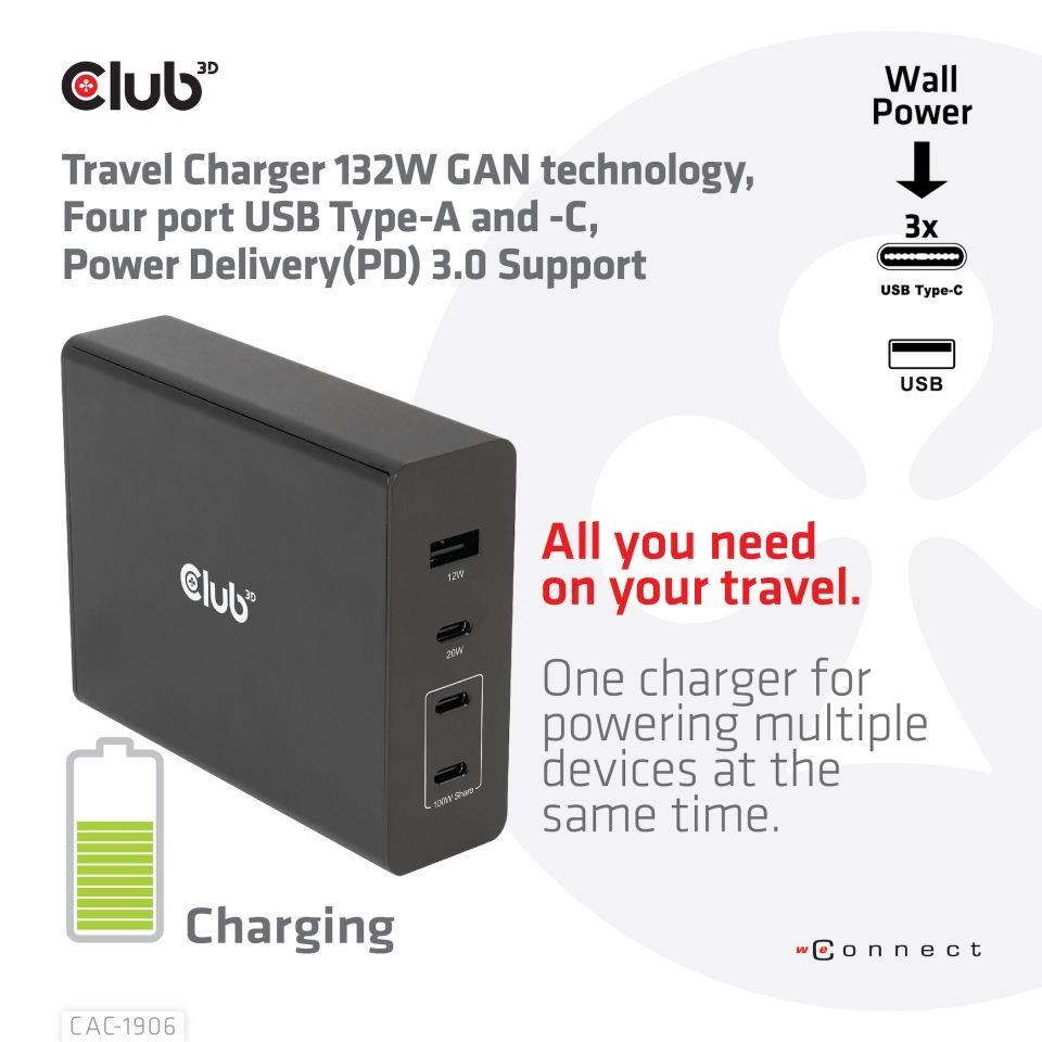 Cestovná nabíjačka Club3D 132W technológia GAN,  4xUSB-A a USB-C,  PD 3.0 Podpora5 