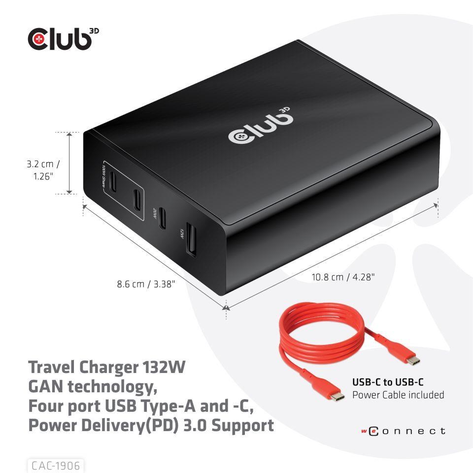 Cestovná nabíjačka Club3D 132W technológia GAN,  4xUSB-A a USB-C,  PD 3.0 Podpora0 