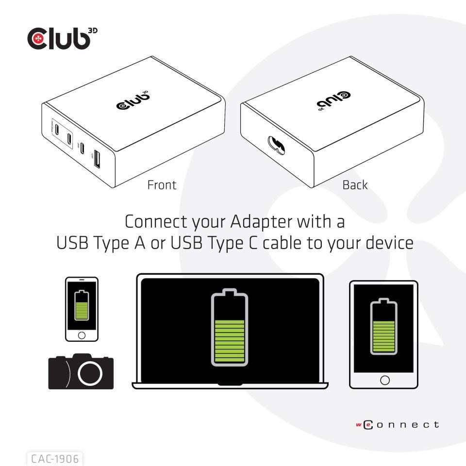 Cestovná nabíjačka Club3D 132W technológia GAN,  4xUSB-A a USB-C,  PD 3.0 Podpora2 