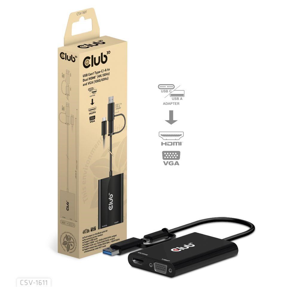 Club3D adaptér USB Gen1 Type-C/ -A na duálny HDMI (4K/ 30Hz) /  VGA (1080/ 60Hz)2 