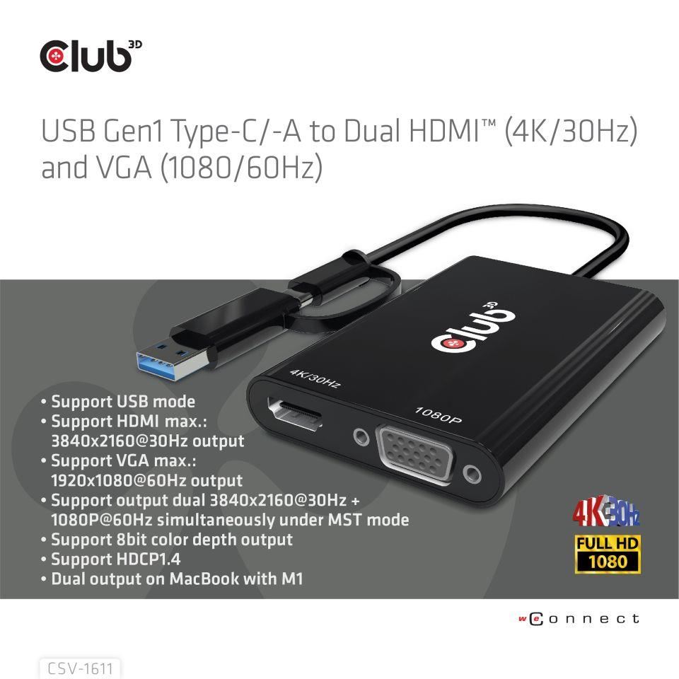 Club3D adaptér USB Gen1 Type-C/ -A na duálny HDMI (4K/ 30Hz) /  VGA (1080/ 60Hz)3 