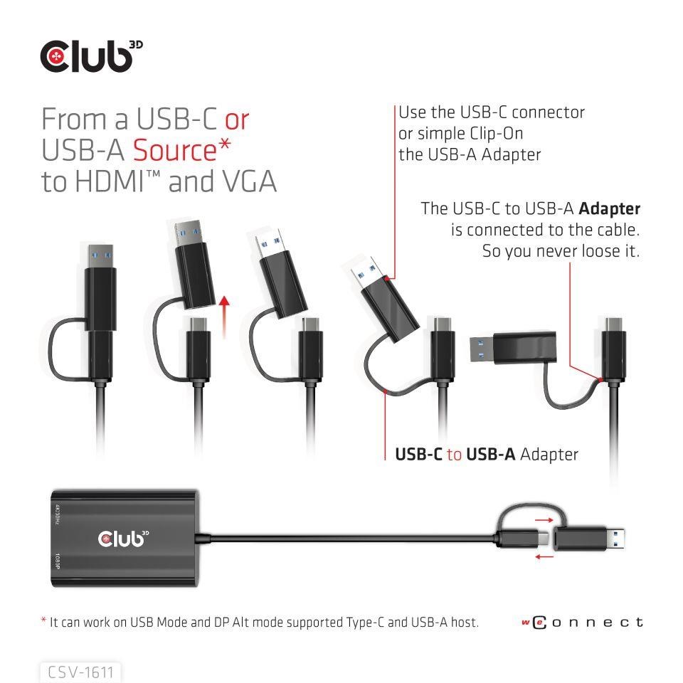 Club3D adaptér USB Gen1 Type-C/ -A na duálny HDMI (4K/ 30Hz) /  VGA (1080/ 60Hz)4 