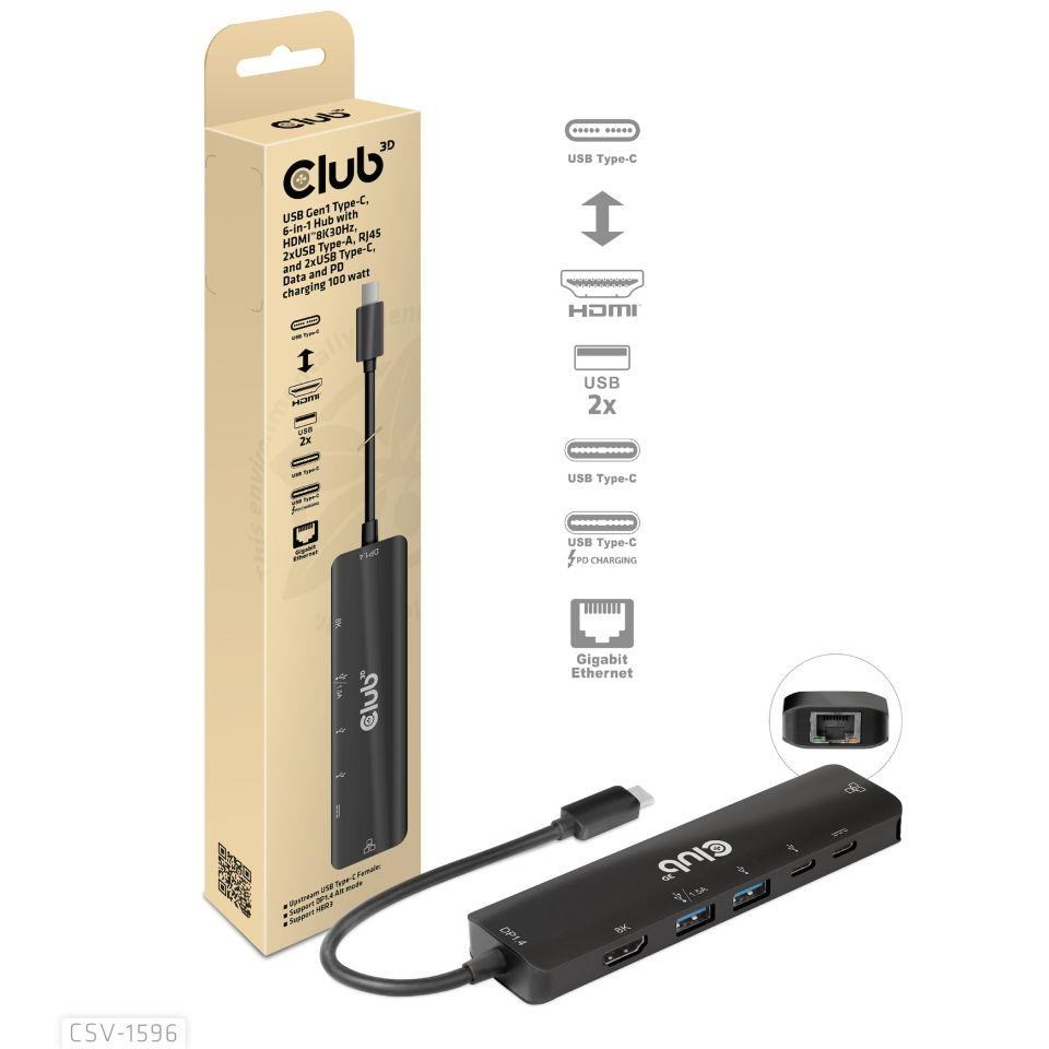 Club3D Hub USB-C, rozbočovač 6 v 1 s HDMI 8K30Hz, 2xUSB typu A, RJ45 a 2xUSB typu C, Data a PD nabíjení 100W1 