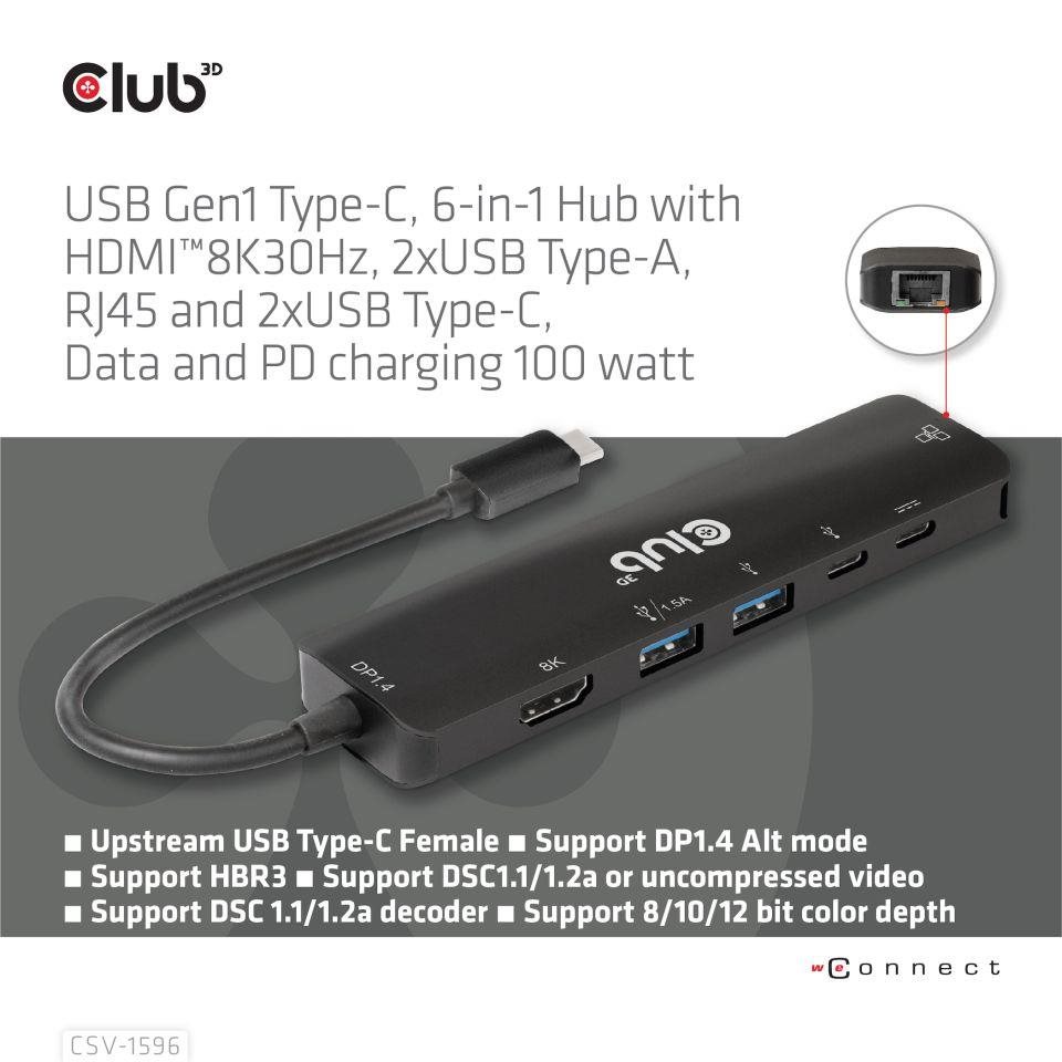 Club3D Hub USB-C, rozbočovač 6 v 1 s HDMI 8K30Hz, 2xUSB typu A, RJ45 a 2xUSB typu C, Data a PD nabíjení 100W6 