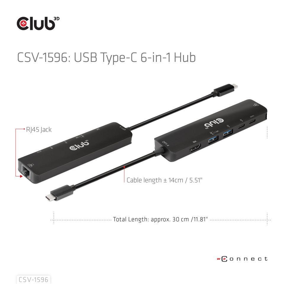 Club3D Hub USB-C, rozbočovač 6 v 1 s HDMI 8K30Hz, 2xUSB typu A, RJ45 a 2xUSB typu C, Data a PD nabíjení 100W0 