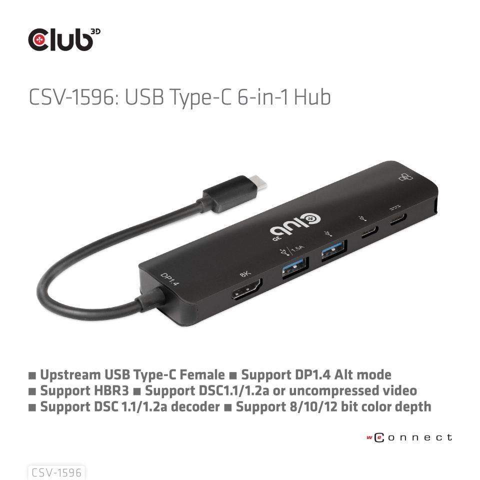 Club3D Hub USB-C,  rozbočovač 6 v 1 s HDMI 8K30Hz,  2xUSB typu A,  RJ45 a 2xUSB typu C,  Data a PD nabíjení 100W7 