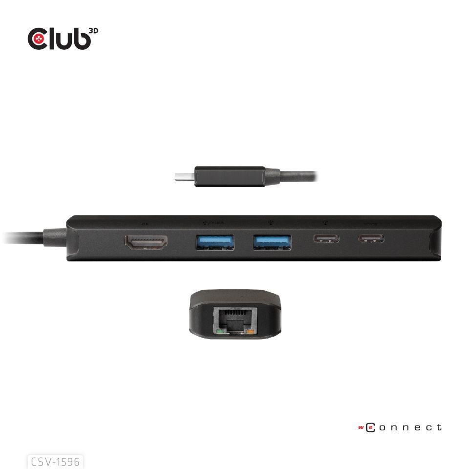 Club3D Hub USB-C, rozbočovač 6 v 1 s HDMI 8K30Hz, 2xUSB typu A, RJ45 a 2xUSB typu C, Data a PD nabíjení 100W9 