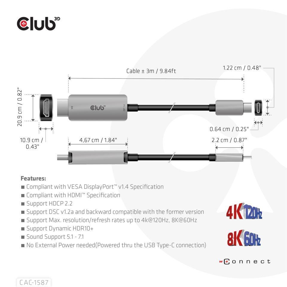 Club3D kabel USB-C na HDMI,  4K120Hz 8K60Hz HDR10 s DSC1.2,  Aktivní kabel,  M/ M,  3m4 