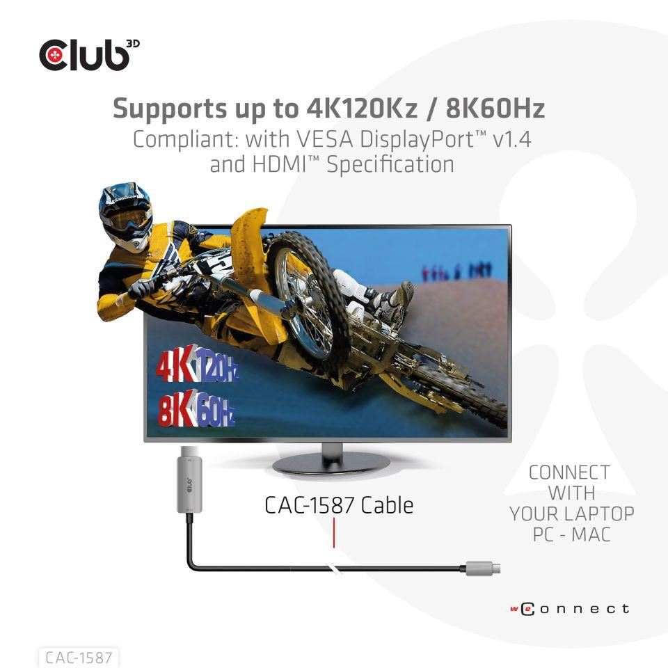 Club3D kabel USB-C na HDMI,  4K120Hz 8K60Hz HDR10 s DSC1.2,  Aktivní kabel,  M/ M,  3m1 